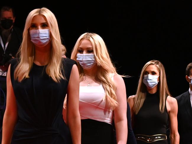 (From L) Daughter and Senior Advisor to the US President Ivanka Trump, daughter of the US President Tiffany Trump, campaign adviser to the US President and Eric Trump's wife Lara Trump wear facemasks as they arrive to attend the final presidential debate at Belmont University in Nashville, Tennessee, on October 22, 2020. (Photo by JIM WATSON / AFP)