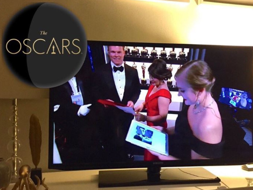 Representatives from PricewaterhouseCoopers, Martha L. Ruiz and Brian Cullinan backstage at the 89th Annual Academy Awards. Picture: Twitter