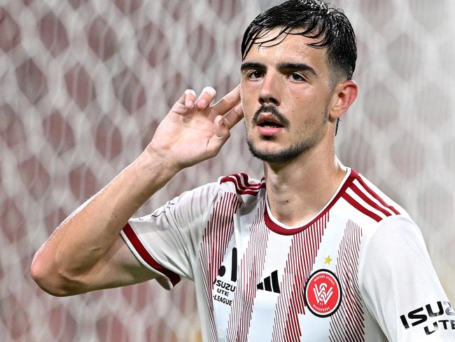 BRISBANE, AUSTRALIA - JANUARY 31: Nicolas Milanovic of the Wanderers celebrates after scoring a goal but the goal is disallowed during the round 17 A-League Men match between Brisbane Roar and Western Sydney Wanderers at Suncorp Stadium, on January 31, 2025, in Brisbane, Australia. (Photo by Bradley Kanaris/Getty Images)