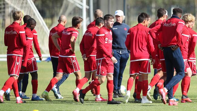 Adelaide United players train at Playford for the final time, before the A-League season’s indefinite postponement. Picture: Tait Schmaal