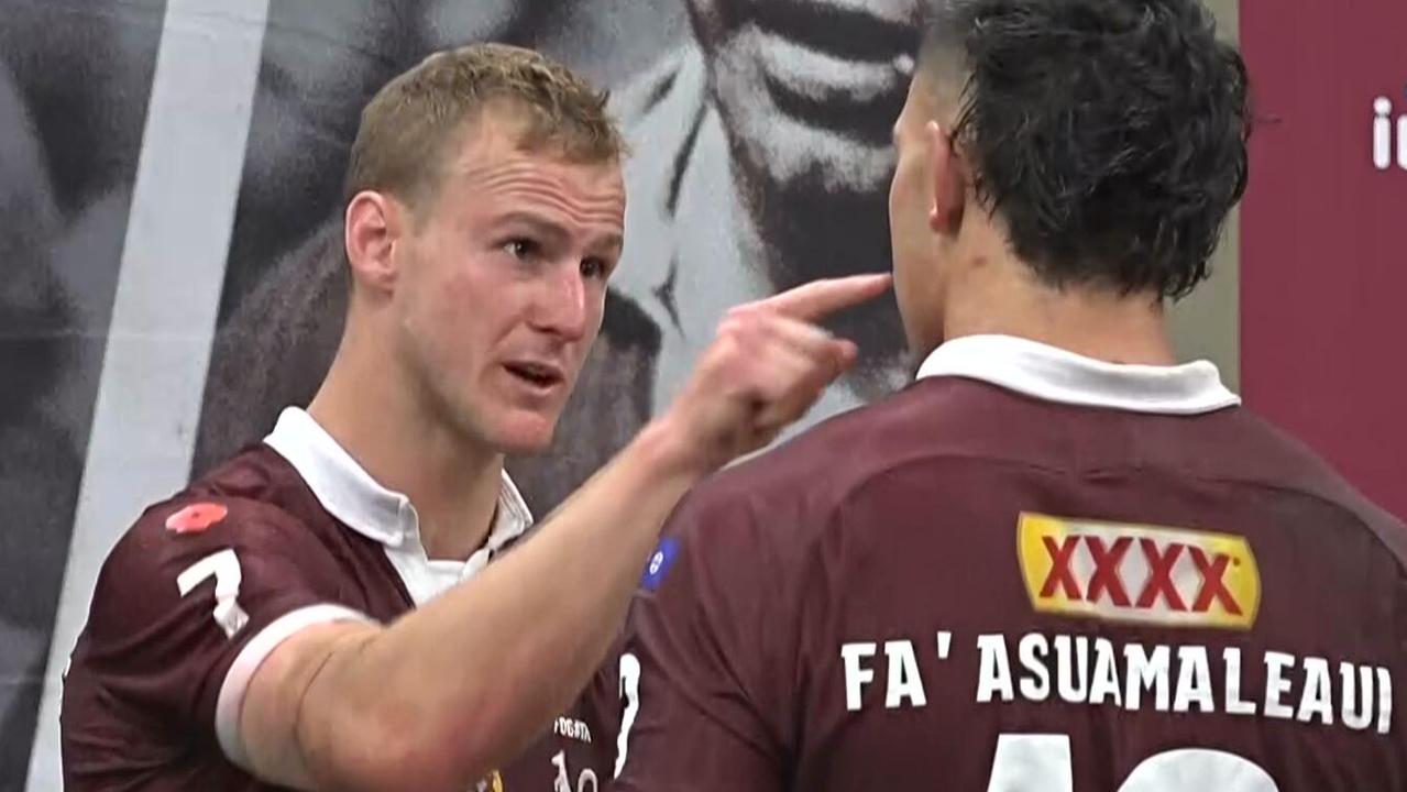 Queensland captain Daly Cherry-Evans talks to young gun Tino Fa'asuamaleaui in the Queensland dressing room.