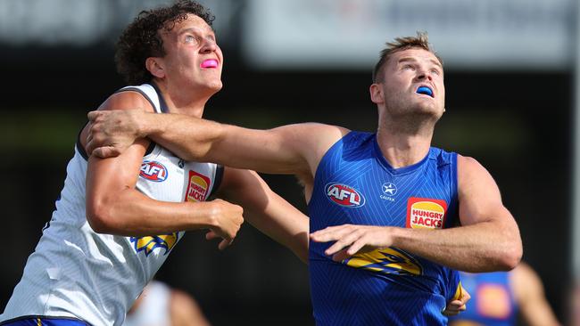 PERTH, AUSTRALIA - FEBRUARY 17: Matt Flynn of the Eagles contests the ruck during the West Coast Eagles AFL Intra Club match at Mineral Resources Park on February 17, 2024 in Perth, Australia. (Photo by James Worsfold/AFL Photos/via Getty Images)