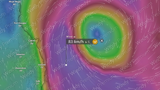 The ACCESS forecast model is predicting the formation of a tropical low in the Coral Sea off the coast of Cairns from February 1. Picture: Windy