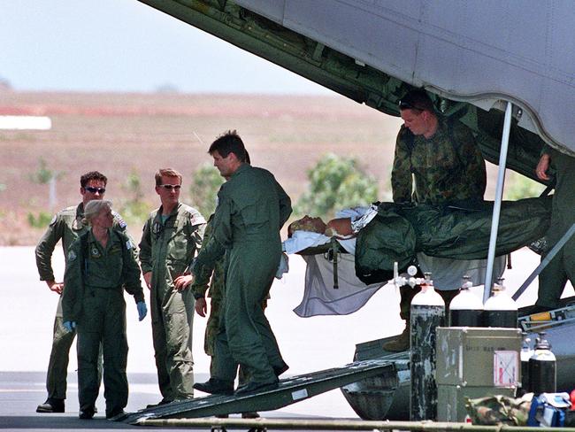 Victims of the Bali Bombing arrive at Darwin Airport to be transported to the Royal Darwin Hospital for medical treatment.