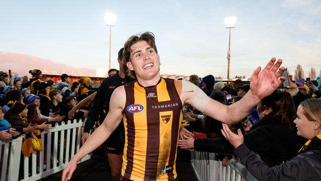 MELBOURNE, AUSTRALIA - JUNE 08: Will Day of the Hawks leaves the field after a win during the 2024 AFL Round 13 match between the Hawthorn Hawks and the GWS GIANTS at UTAS Stadium on June 08, 2024 in Launceston, Australia. (Photo by Dylan Burns/AFL Photos via Getty Images)