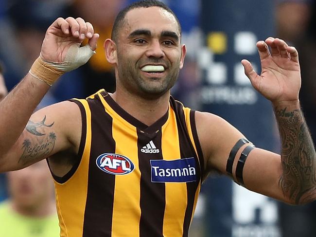 LAUNCESTON, AUSTRALIA - AUGUST 13: Shaun Burgoyne of the Hawks celebrates after scoring a goal during the round 21 AFL match between the Hawthorn Hawks and the North Melbourne Kangaroos at University of Tasmania Stadium on August 13, 2017 in Launceston, Australia.  (Photo by Robert Cianflone/Getty Images)