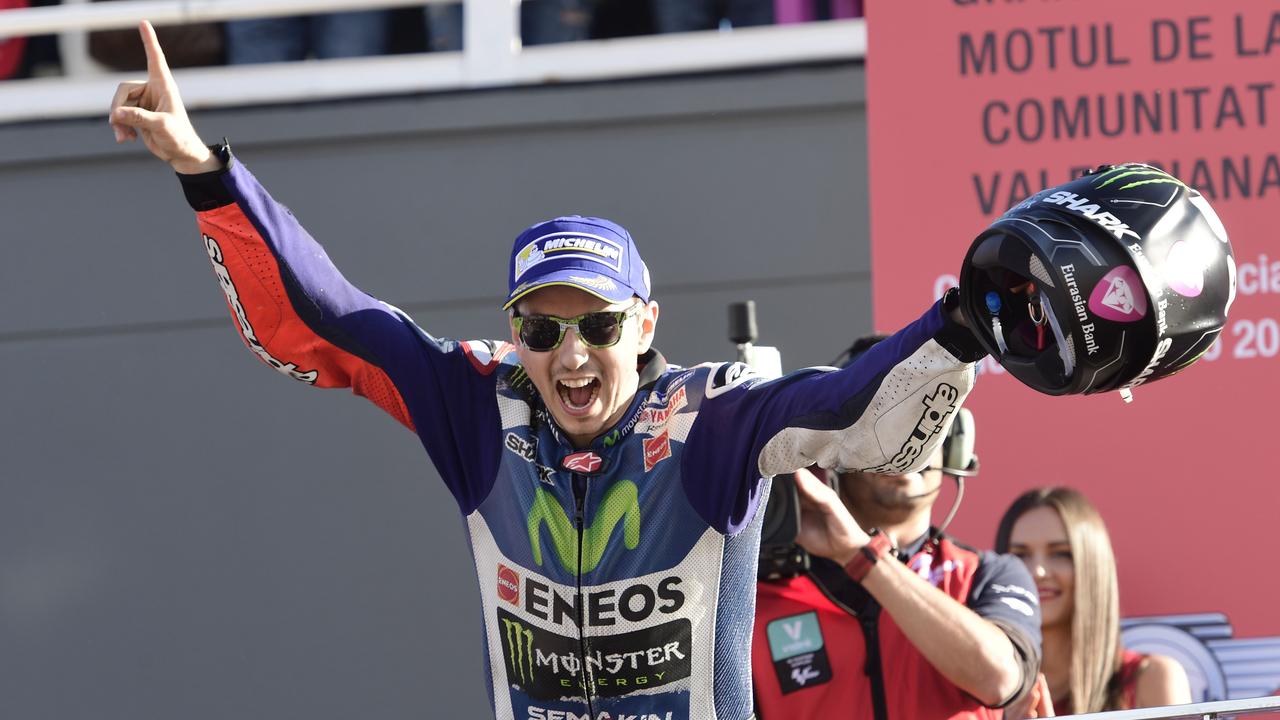 Jorge Lorenzo celebrates his Valencia win in 2016, his last for Yamaha.