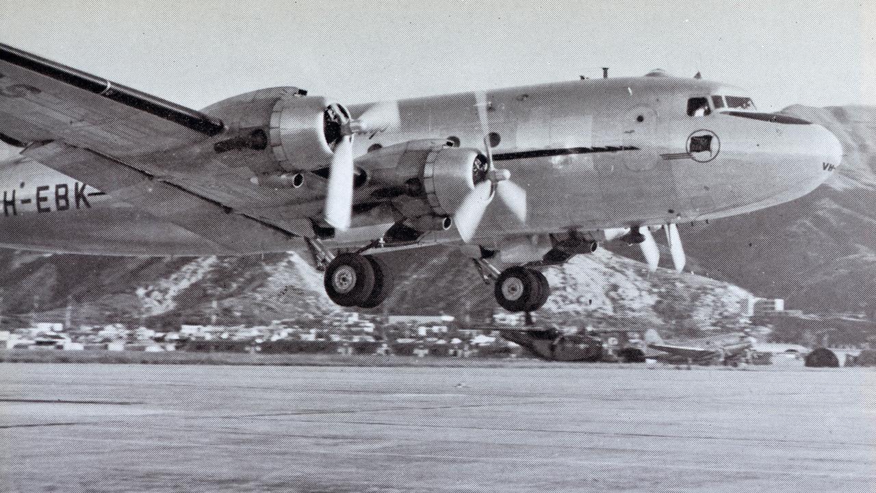 In June 1949, a Qantas Douglas DC-4 Skymaster four-engine propeller aircraft arrived at Kai Tak Airport, marking the first ever Qantas service to Hong Kong. Picture: Qantas