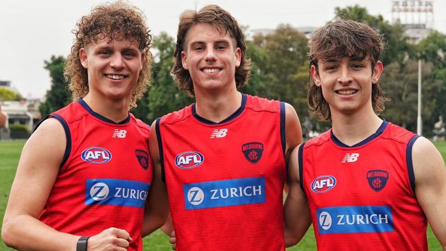 Fresh faces Koltyn Tholstrup, Caleb Windsor and Kynan Brown at their first day one of pre-season training with the Demons. Picture: Melbourne FC