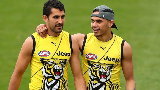 Sydney Stack, pictured with former Tiger teammate Marlion Pickett, is searching for a new club. Picture: Getty Images