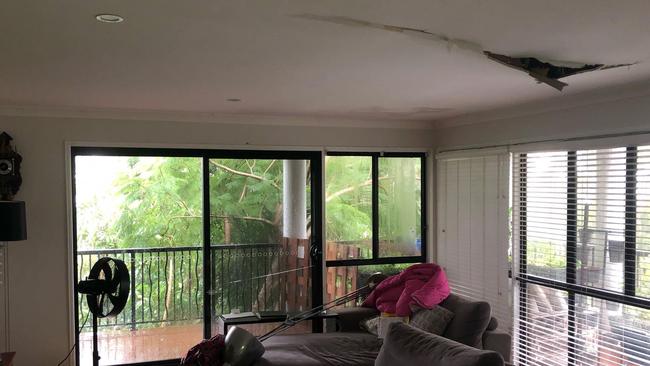 Geri has had to cut power to her home as rain continues to pour into the house today, the ceiling in her lounge room on the second floor threatens to fall.