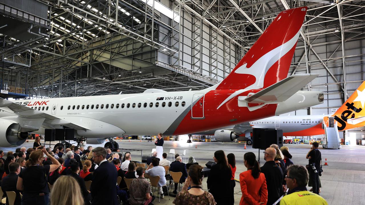 SMs Hudson also introduced the QantsLink Airbus A220 aircraft. Picture: Jenny Evans/Getty Images