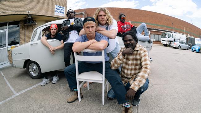 King Stingray, whose self-titled debut album was released in August 2022. L-R: Lewis Stiles, Dimathaya Burarrwang, Campbell Messer, Roy Kellaway, Yirrnga Yunupingu and Yimila Gurruwiwi. Picture: Sam Brumby