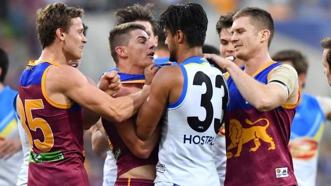 Ryan Lester, Dayne Zorko and Dayne Beams take on Aaron Hall.