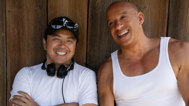 Director Justin Lin and star Vin Diesel on the set of F9.