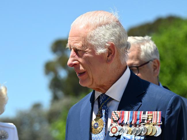 CANBERRA, AUSTRALIA - OCTOBER 21: Queen Camilla and King Charles III visit the Australian War Memorial on October 21, 2024, in Canberra, Australia. The King's visit to Australia is his first as monarch, and the Commonwealth Heads of Government Meeting (CHOGM) in Samoa will be his first as head of the Commonwealth. (Photo by Victoria Jones - Pool/Getty Images)