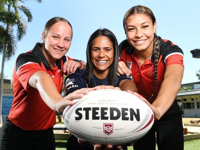 Kirwan State High school rugby league players Vanessa Scarborough 18 and Ana Malupo 18 with Parramatta Eels NRLW player Kimberley Hunt (middle). Picture: Shae Beplate.