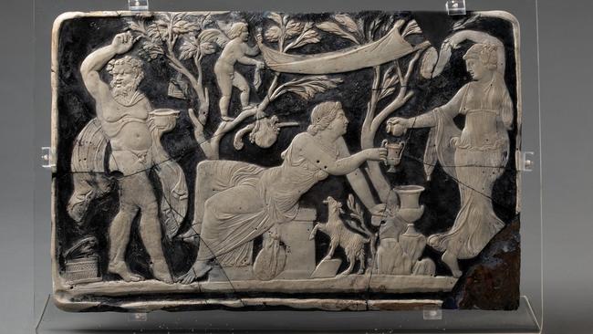 Plaque featuring Ariadne and Bacchus at the National Museum of Australia’s Pompeii exhibition.