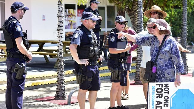 Over 20 environmental activists, from as far as the Gold Coast, Brisbane and Bundaberg, gathered at Adani’s headquarters in Townsville to "call out" Adani’s rebranding as ‘Bravus Mining’. PICTURE: MATT TAYLOR.