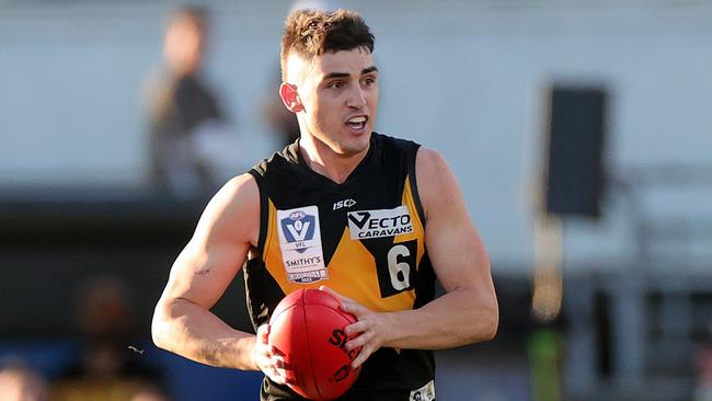 MELBOURNE, AUSTRALIA - SEPTEMBER 24: Shaun Mannagh of Werribee runs with the ball during the VFL Grand Final match between Gold Coast Suns and Werribee at Ikon Park on September 24, 2023 in Melbourne, Australia. (Photo by Kelly Defina/AFL Photos/via Getty Images)