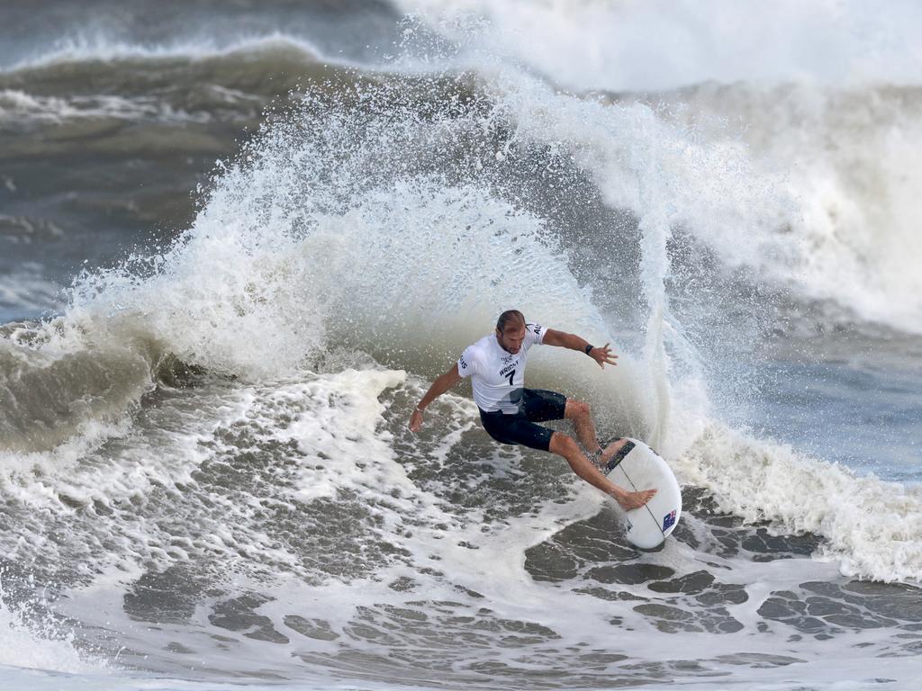 Owen Wright took to the air for the first and only time of his Olympics campaign to celebrate a stunning bronze medal victory. Picture: Getty Images