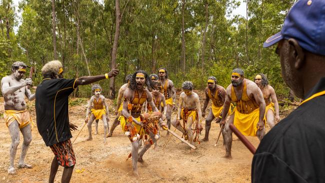 Yolngu man Cedric Yunupingu leads his dancers for rehersals during the Garma Festival. Picture: Tamati Smith/Getty Images