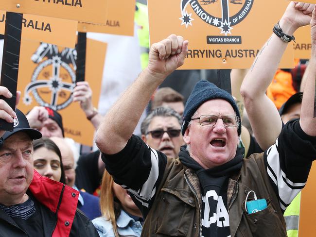 MELBOURNE, AUSTRALIA - APRIL 10: Unions and workers protest at the steps of Parliament House on April 10, 2019 in Melbourne, Australia. The Change The Rules rally is calling for for better wages and increased job security. (Photo by Michael Dodge/Getty Images)