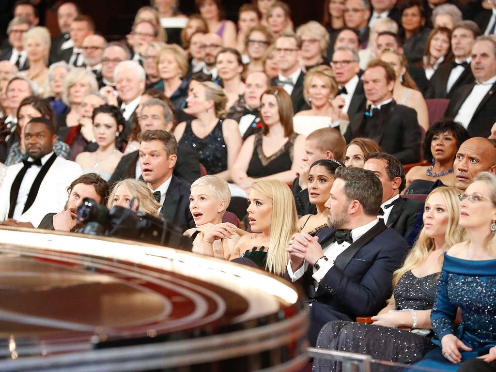 The stunned audience after Best Picture “La La Land” was discovered to be read by mistake during 89th Academy Awards. Picture: Australscope