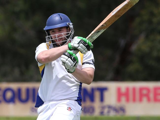 Rupertswood batsman Jordan Curran strikes a pull shot to the boundary. Picture: Hamish Blair