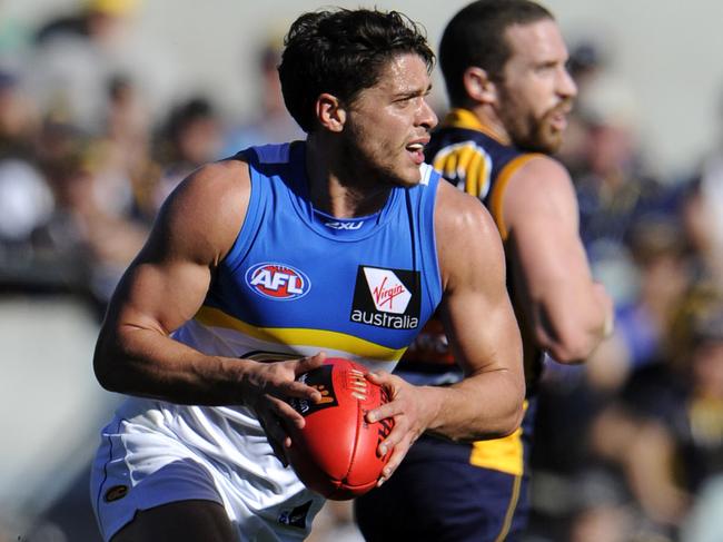 AFL - West Coast Eagles vs Gold Coast Suns, Patersons Stadium, Perth. PICTURED- Gold Coast's Dion Prestia runs the ball through the middle.