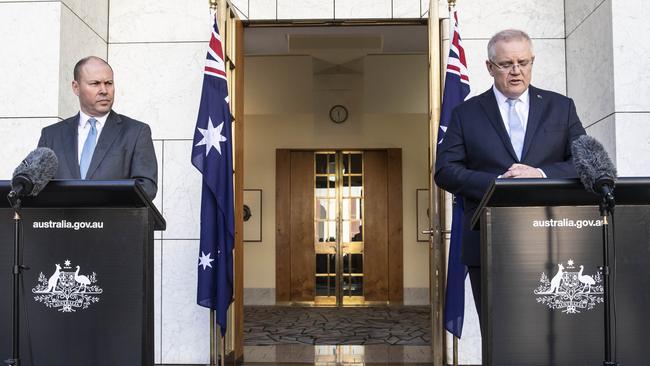 CANBERRA, AUSTRALIA-NCA NewsWire Photos JULY 21 2020The Prime Minister Scott Morrison and the Treasurer Josh Frydenberg during a press conference at Parliament House in Canberra, talking about the future of the Job Seeker and job Keeper programs. Picture: NCA NewsWire / Gary Ramage