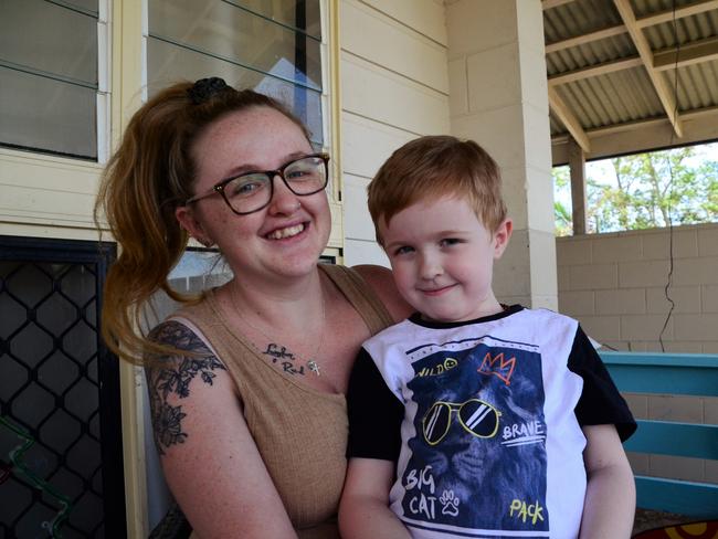 Willow Howarth and son Tayte Crisafulli, 6, at their new home in Ingham today. Picture: CAMERON BATES