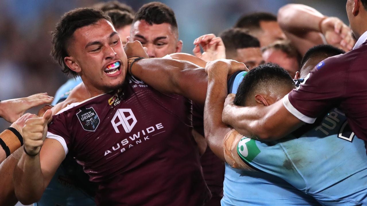 Tino Fa'asuamaleaui and Payne Haas punched on during the 2020 Origin series. Picture: Mark Kolbe/Getty Images