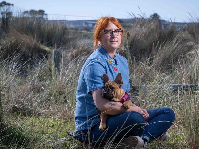 17-05-2024 Breast cancer survivor Kate Thomas with her French Bulldog Bronco at Torquay. Picture: Brad Fleet