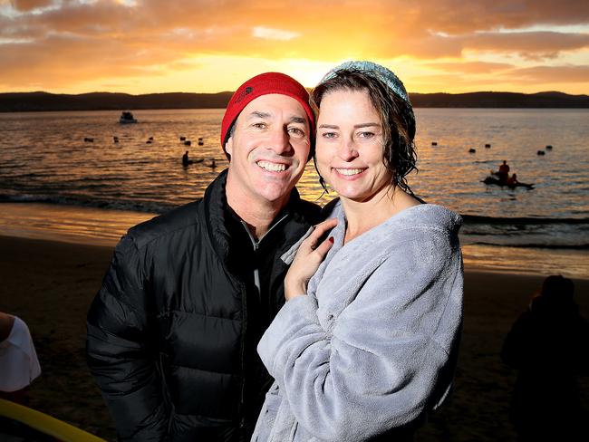 Jeff Sapier and Zyra McAuliffe, of Sydney, after the swim. Picture: SAM ROSEWARNE