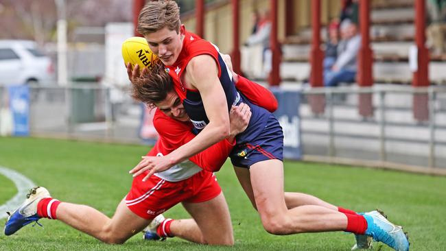 Oliver Davis pins North Hobart's Patrick Walker in their round 7 TSL clash. Picture: Zak Simmonds