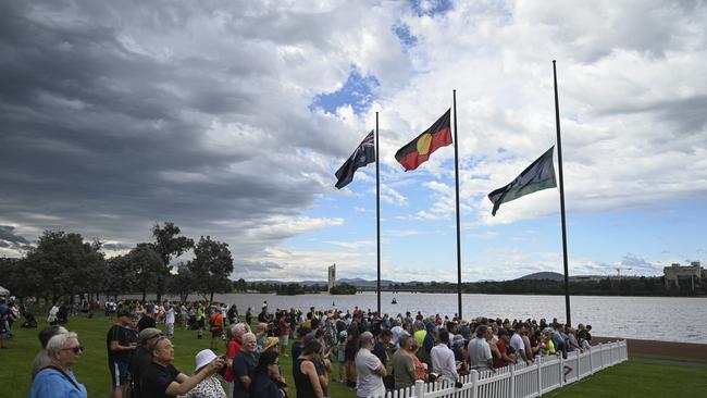 It’s just the second time the Indigenous and Torres Strait Islander flags have been raised at the ceremony. Picture: NCA NewsWire / Martin Ollman