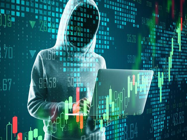 Business security concept with hacker with laptop and digital forex chart with graphs and pixel map.Double exposure.; scammer generic fraud