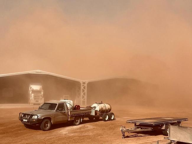 Dust storm causing havoc north of Adelaide as heavy rain sees widespread flooding in the state’s south. Severe weather in drought stricken Burra, South Australia, 26 May 2025. Picture: @irisandwool/instagram -