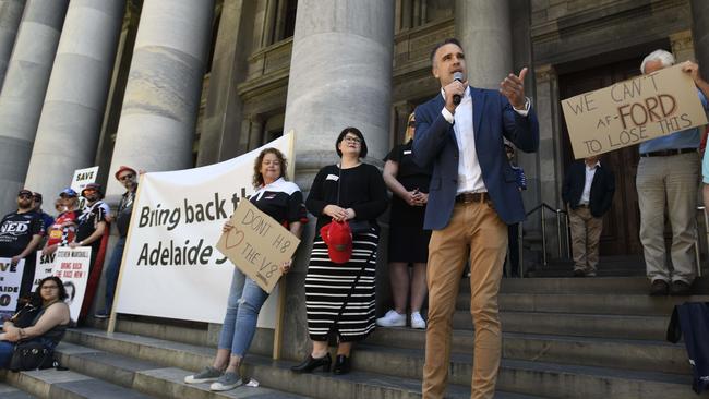 Leader of the opposition Peter Malinauskas with fans protesting the end of the Adelaide 500. Picture: NCA NewsWire/Naomi Jellicoe