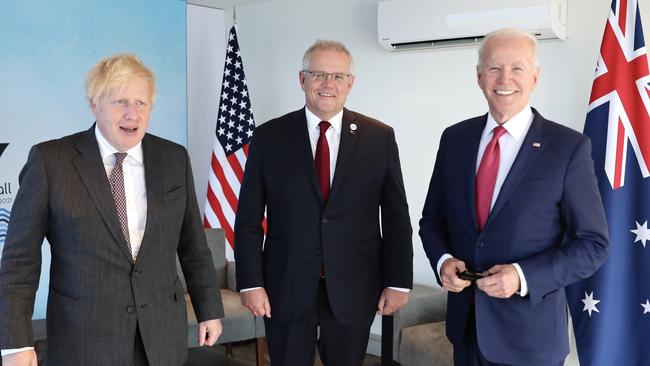 British PM Boris Johnson, Scott Morrison and US President Joe Biden in Cornwall in June 2021. Picture: Adam Taylor / PMO