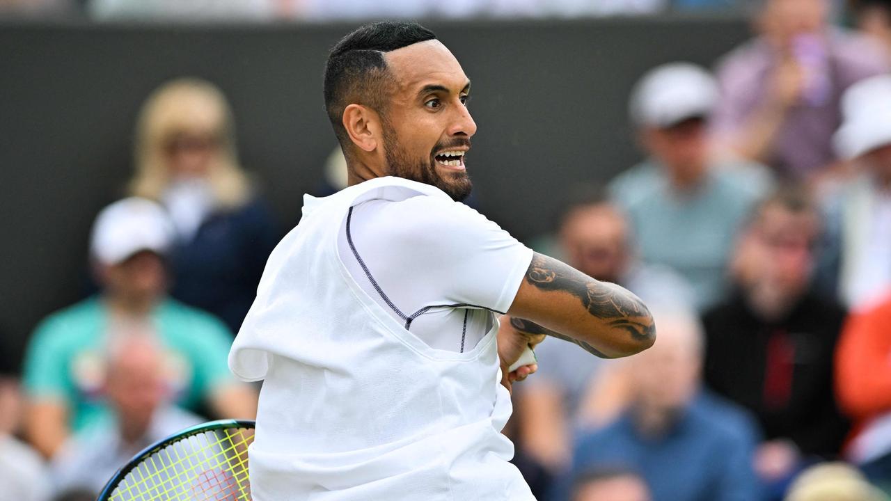 Australia's Nick Kyrgios returns the ball to Serbia's Filip Krajinovic during his round 2 romp. Picture: Glyn Kirk / AFP