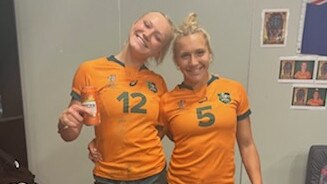 Maddison (left) and Teagan Levi celebrate after winning the 2022 Rugby World Sevens in South Africa.