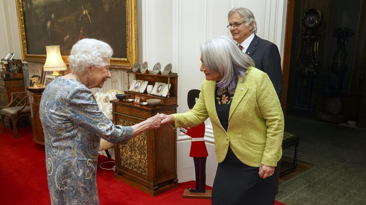 Queen Elizabeth II welcomed the new Governor-general of Canada Mary Simon and her husband Mr Whit Fraser for tea in the Oak Room at Windsor Castle on March 15. Picture: Steve Parsons/WPA Pool/Getty