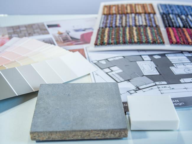 Interior design color samples plan with cement board, carpet and furniture plan and a mood board.