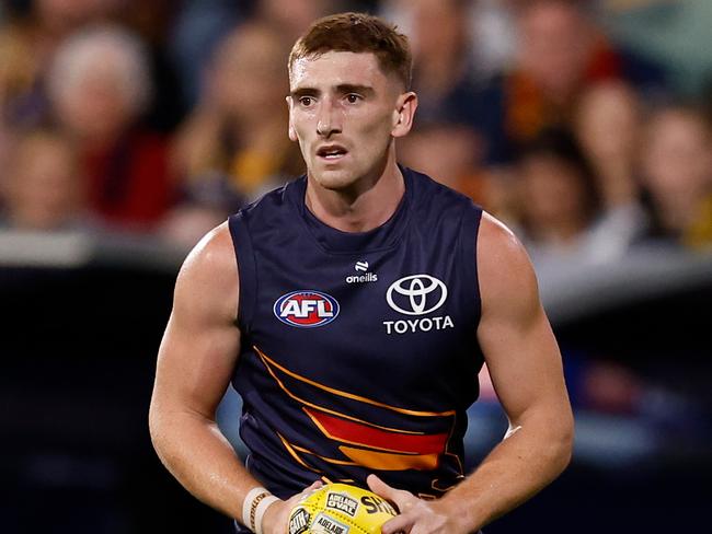 ADELAIDE, AUSTRALIA - APRIL 10: Mark Keane of the Crows in action during the 2025 AFL Round 05 match between the Adelaide Crows and the Geelong Cats at Adelaide Oval on April 10, 2025 in Adelaide, Australia. (Photo by Michael Willson/AFL Photos via Getty Images)