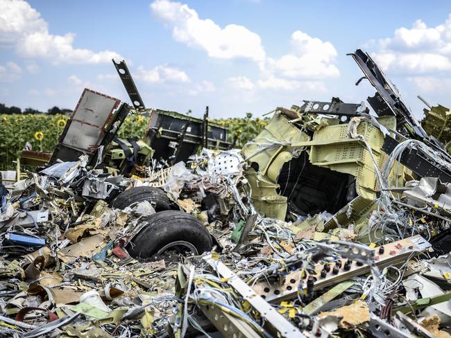 A photo taken on July 23, 2014 shows the carnage at the crash site of flight MH17, in a field near the village of Grabove, in the Donetsk region. Picture: AFP / Bulent Kilic