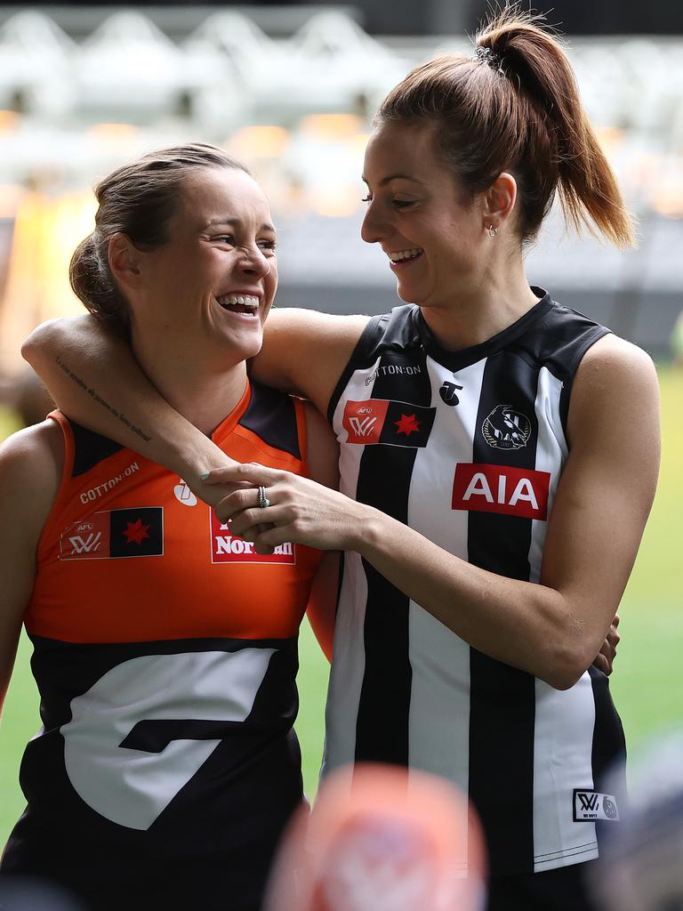 Collingwood skipper Steph Chiocci and GWS captain Alicia Eva share a laugh. Picture: Michael Klein