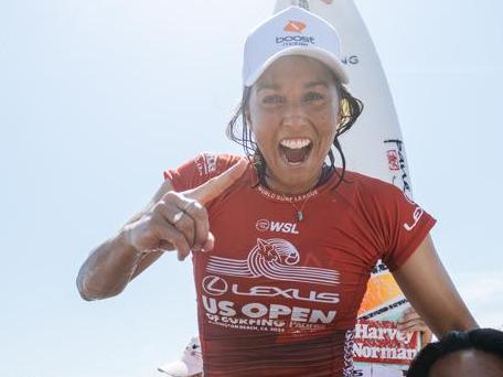 HUNTINGTON BEACH, CALIFORNIA - AUGUST 11: Sally Fitzgibbons of Australia after winning the Final at the Lexus US Open of Surfing on August 11, 2024 at Huntington Beach, California. (Photo by Emma Sharon/World Surf League)