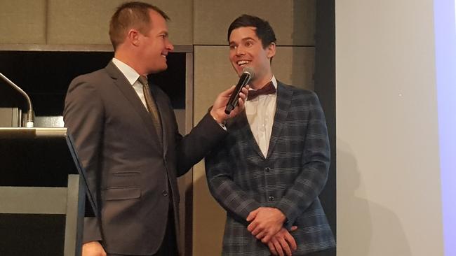 Plenty Valley's Callum Nankervis is interviewed after his Val Holten Medal win. Picture: Ben Higgins